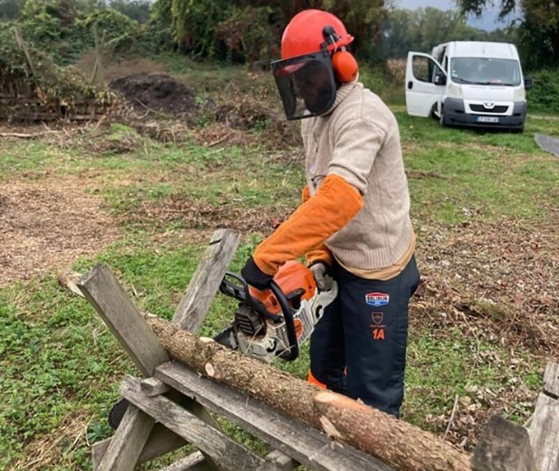 Tronçonnage par employé de l'Atelier SIIS, prestataire de services en Isère